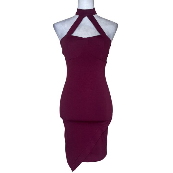 Oboe Burgundy Halter Asymmetrical Front Pullover Mini Dress Barbiecore Sexy Sm - Picture 1 of 14